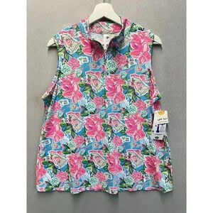 Lulu B Women’s Sz XL Blue Pink Floral Tropical Tank Top‎ UPF 50+ Protection NEW!